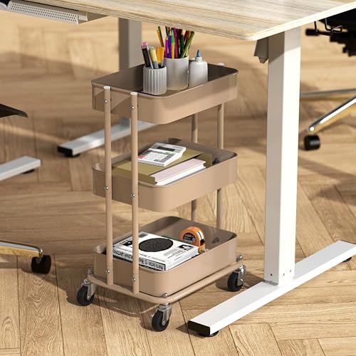 Simple Houseware 3-Tier Utility Cart, Low 24" Height Fits Under Desk, Khaki | Compact & Lower Height Great for Under-Desk Space-Saving Storage for Home Office, Dining Room, or Kitchen - color: Khaki