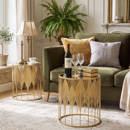 Homebeez Gold Nesting Tables Set of 2, Stainless Steel Top Round End Table | with Glam Leaf Design for Living Room & Bedroom, No Assembly Required - color: Gold Leaf