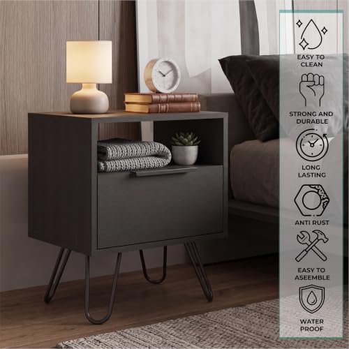 Tuhome Augusta Nightstand, Small Night Stand with Storage Drawer & Open Shelf, 22.2" Tall Narrow Bedside Table on Metal Hairpin Legs, Engineered Wood, Black or Light Oak - color: Black