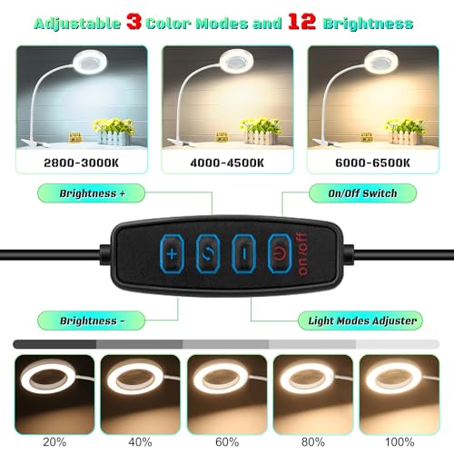 10X Magnifying Glass with Light, Clip on Mganifier with Light, 48 LED Desk Magnifying Glass wtih Clamp, 3 Modes Dimmable Magnifying LED Lamps for Bed Work Crafts DIY Repair White - color: White