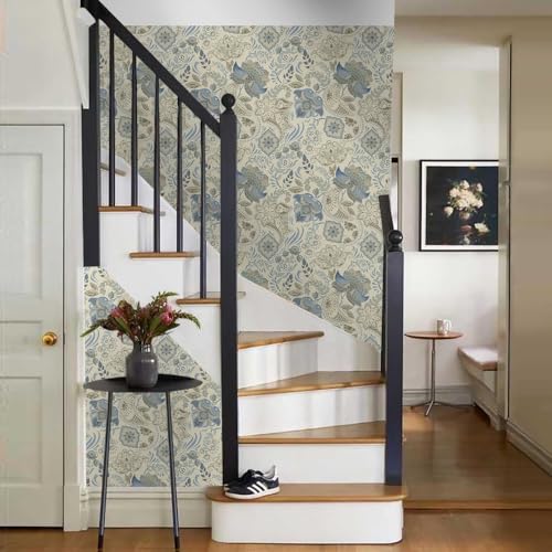 MuralPeel Beige Grey Blue Paisley Flowers Peel and Stick Wallpaper Self Adhesive Removable Easy Peel Off Stick on Wall Paper for Bedroom Cabinet Renter - color: Blue/Cream, size: 17.7" x 118.1"
