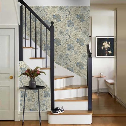 MuralPeel Beige Grey Blue Paisley Flowers Peel and Stick Wallpaper Self Adhesive Removable Easy Peel Off Stick on Wall Paper for Bedroom Cabinet Renter - color: Blue/Cream, size: 17.7" x 118.1"