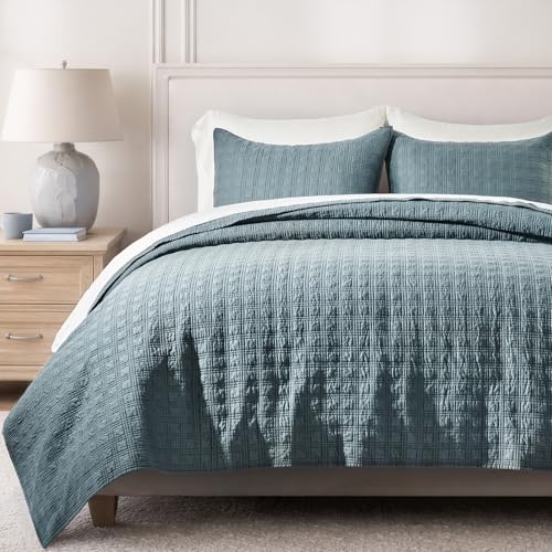 EVERGRACEHOME Cotton Sateen Windowpane Quilt Set Queen Size, Sonoma Blue | 100% Cotton, Pre-Washed Soft Coverlet Bedspread, 3-Piece Lightweight Bedding Set for All Season, with 2 Pillow Shams - color: Sonoma Blue - Windowpane, size: Full/Queen (96" X 92")