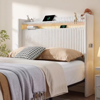 54" Tall Headboard Queen Size with Storage, LED Light, Corduroy Wingback Headboard with Charging Station, Upholstered Head Board Queen w/High-Density Sponge Padding, Storage Pockets, Off White