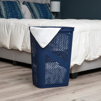 Mind Reader Slim Laundry Hamper with Lid, 60L Clothes Basket, Ventilated Plastic, Navy - color: Navy, size: Single