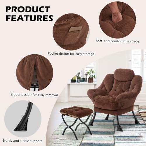Lazy Chair with Folding Ottoman,Leisure Sofa Chair,Soft Fabric Armchair with Armrests and Side Pockets, Reading Chair with Footrest for Living Room, Bedroom, Office (Plush Dark Brown) - color: Plush Dark Brown