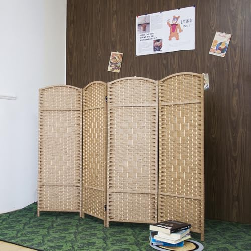 4-Panel Short Room Divider, 3.9 ft Freestanding Partition Wall, Light Brown Rattan Double-Sided Folding Screen for Living Room, Bedroom & Corner Privacy - color: Light Brown, size: 4 Panel