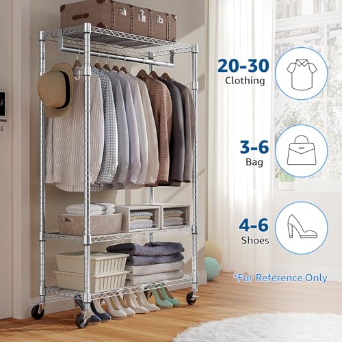 M MZG Heavy Duty Rolling Garment Rack 3 Tiers Adjustable Wire Shelving Clothes Rack with Rods and Side Hooks,Storage Closet Clothing Rack with Wheels Chrome 15.7" D x 29.5" W x 74.5" H - color: Chrome, size: 3 Tier with 1 rod, 15.7"D x 29.5"W x 74.5"H