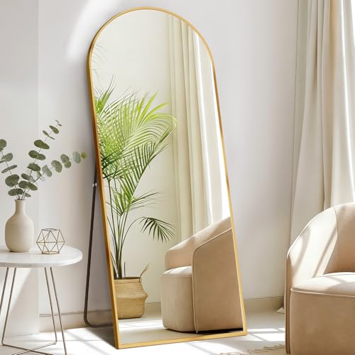 DUMOS 56"x21" Arched Full Length Mirror with Stand, Full Body Floor Mirror | Free Standing or Wall Mount, Nano Glass Aluminum Frame, Hanging or Leaning, Modern Simple Home Decor, Gold - color: Gold-rounded, size: 56"L x 21"W