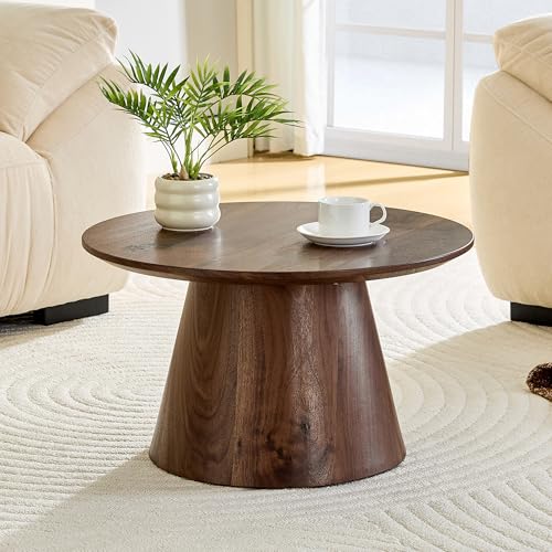 Walnut Coffee Table, 23.6" Small Coffee Table, Natural Wood Grain Round Tabletop with Wooden Cone Base, Round Living Room Table with Adjustable Feet, Mid Century Center Table for Apartment,Small Space - color: 23.6" Walnut Coffee Table