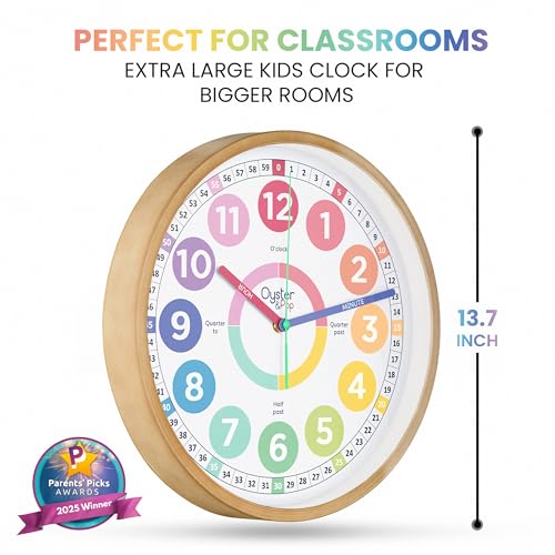 Oyster&Pop Large Pastel Kids Wall Clock - Silent 14" Analog Learning Clock | Fully labeled color-coded telling time teaching clock for classroom, bedroom, nursery and homeschool - toddlers to age 12 - color: Pastel, size: 14 inch