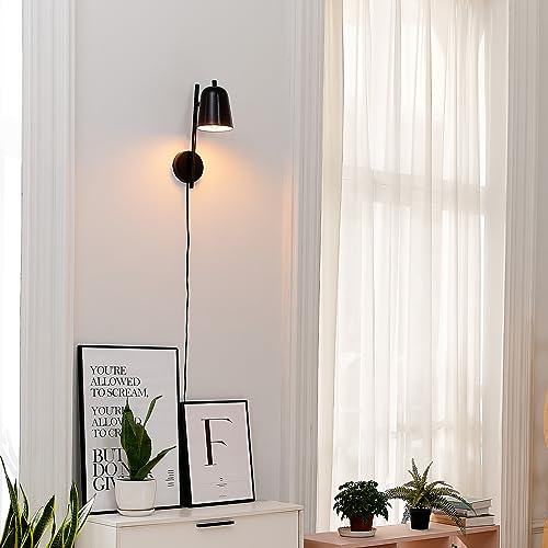 Globe Electric 65000049 1-Light Plug-in or Hardwire Wall Sconce, Matte Black, Pivoting Shade, Black Braided Fabric Designer Cord, Hanging Lamp, Wall Lights for Living Room, Bedroom, Den - color: Matte Black, Eastmont