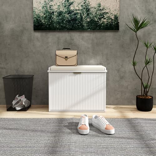 HOMCOM Narrow Shoe Bench with Padded Cushion 24.4x10.2x18.7 Inches White | Shoe Storage Cabinet, Flip-Drawer, Adjustable Shelf, Small Entryway Bench, Holds up to 265lb - color: White, size: 24.4" x 10.2" x 18.7"