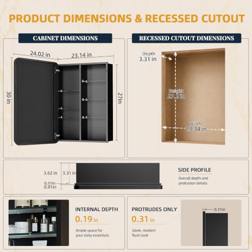 24 x 30 Black Medicine Cabinet Mirror, Recessed or Surface Mount | Bathroom mirror with storage: 6 adjustable shelves fit tall bottles; DTC soft-close hinges; rust-resistant aluminum - size: 24" x 30"
