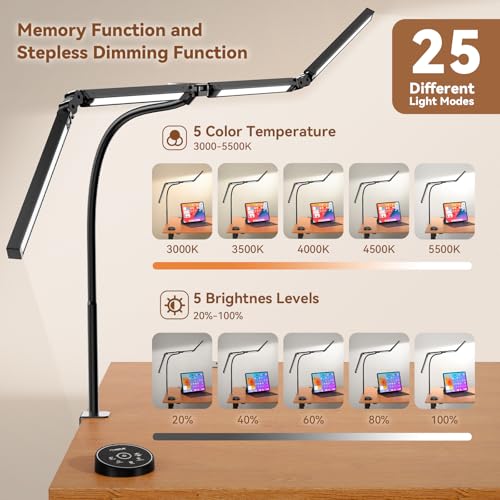 Led Desk Lamps for Home Office - Eye Caring Architect Lamp with Clamp, Double Head Computer Monitor Work Desk Light with Remote Control: 24W Flexible Dimmable Desktop Table Lamp - color: Dark Black