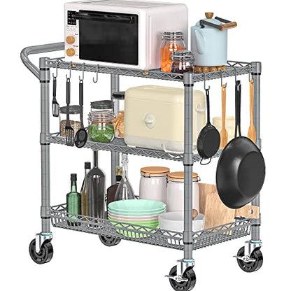 Folews Heavy Duty Rolling Cart with Wheels, 990LBS Metal Utility Cart | 3-Tier NSF Rolling Storage Organizer, Adjustable Shelves & Basket, Lockable Casters, Commercial Storage Trolley, Gray - style: Gray