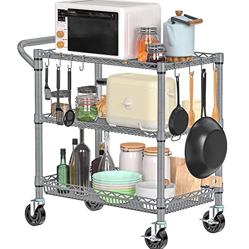 Folews Heavy Duty Rolling Cart with Wheels, 990LBS Metal Utility Cart | 3-Tier NSF Rolling Storage Organizer, Adjustable Shelves & Basket, Lockable Casters, Commercial Storage Trolley, Gray - style: Gray