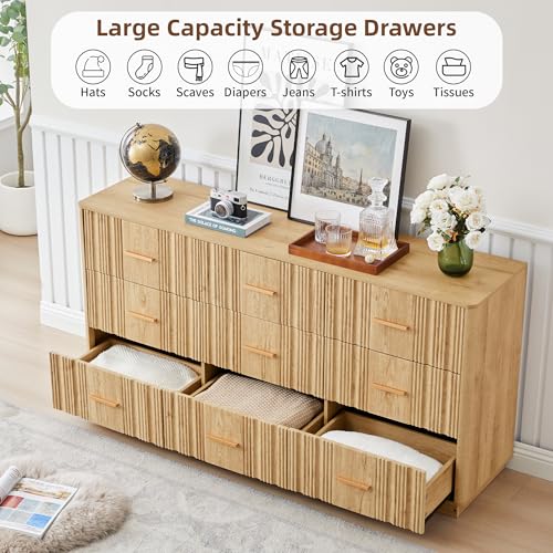 Fluted 9 Drawer Dresser,59"Wide Modern Chest of Drawers with Sturdy Base,Wood Closet Organizers,TV Stand,Storage Dresser with 9 Deep Drawers for Bedroom Living Room Hallway Entryway Nursery(Natural) - color: 9 Drawer Dresser Natural