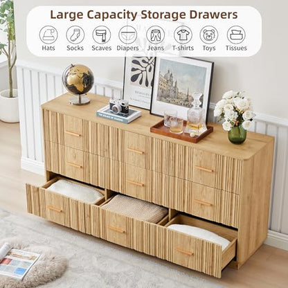 Fluted 9 Drawer Dresser,59"Wide Modern Chest of Drawers with Sturdy Base,Wood Closet Organizers,TV Stand,Storage Dresser with 9 Deep Drawers for Bedroom Living Room Hallway Entryway Nursery(Natural) - color: 9 Drawer Dresser Natural