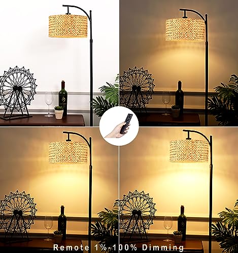 QIYIZM Floor Lamp for Living Room Bedroom Farmhouse Arc Rattan Boho Standing Lamp with Remote Dimmable Black Wicker Bamboo Lamp Shade Floor Light Adjustable Tall Lamp Industrial Floor Lamps Bohemian - size: 1-Floor Lamp