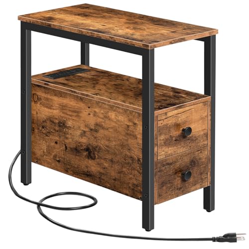HOOBRO End Table with Charging Station, Narrow Side Table with 2 Drawer & USB Ports & Power Outlets, Nightstand for Small Spaces, for Living Room, Bedroom, Rustic Brown and Black BF541BZ01 - color: Rustic Brown + Black
