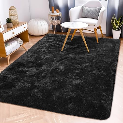 Awaytail Fluffy Rug Flame Resistant 5x7, Black Throw Rugs for Living Room | Upgrade Non-Slip Durable, Indoor Fuzzy Rugs Floor Carpet for Kids Girls and Boys, Home Decor Aesthetic - color: Black, size: 5' x 7' (Rectangular)