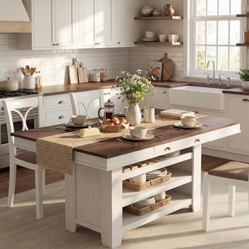 IDEALHOUSE 60" Wood Dining Table for 4-6, Counter Height Kitchen Table with Wine Rack and 2 Drawers, Open Shelves and Sturdy Legs, 4-Tier Stationary Kitchen Island for Dining Room and Kitchen - color: White