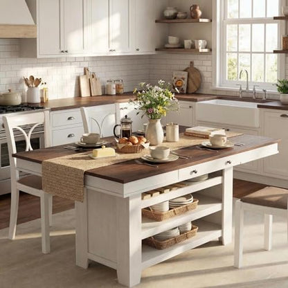 IDEALHOUSE 60" Wood Dining Table for 4-6, Counter Height Kitchen Table with Wine Rack and 2 Drawers, Open Shelves and Sturdy Legs, 4-Tier Stationary Kitchen Island for Dining Room and Kitchen - color: White
