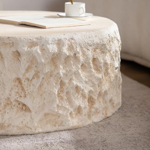 31.5" Round Coffee Table Magnesium Oxide Centre Table, Mid-Century Modern Faux Stone Tea Table for Living Room Apartment, No Need Assembly - Amber, Beige - color: H-31.5" Round Beige