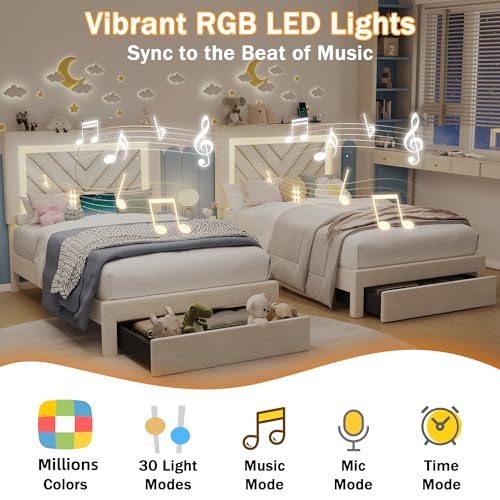 Twin Size Bed Frame with Adjustable Headboard and Storage Drawer, Upholstered Bed Frame Twin with RGB LED Lights and Charging Station, Easy Assembly, No Box Spring Needed, Off White - color: Off White, size: Twin