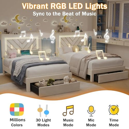 Twin Size Bed Frame with Adjustable Headboard and Storage Drawer, Upholstered Bed Frame Twin with RGB LED Lights and Charging Station, Easy Assembly, No Box Spring Needed, Off White - color: Off White, size: Twin