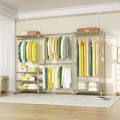 E1 Heavy Duty Closet Garment Rack, 6 Tiers Adjustable Clothing Storage | Metal Gold Freestanding Expandable Closets with 4 Hanger Rods, Easy-to-Assemble Wardrobe - color: Gold