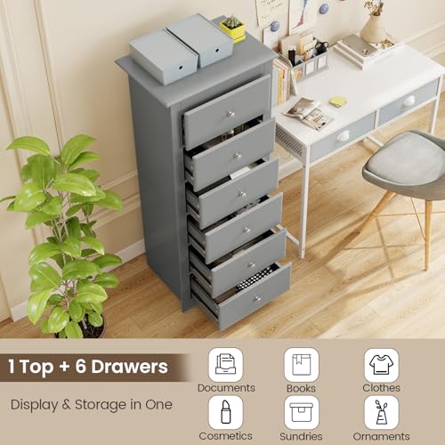 GIANTEX 6-Drawer Dresser for Bedroom, Wooden Chest of Drawers w/Metal Handles & Large Capacity, 16" D x 23" W x 53.5" H Clothes Organizer, Modern Tall Dresser for Bedroom, Entryway, Living Room - color: Grey