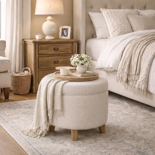 HomePop 19" Round Storage Ottoman with Flared Legs - Linen - color: Linen Cream