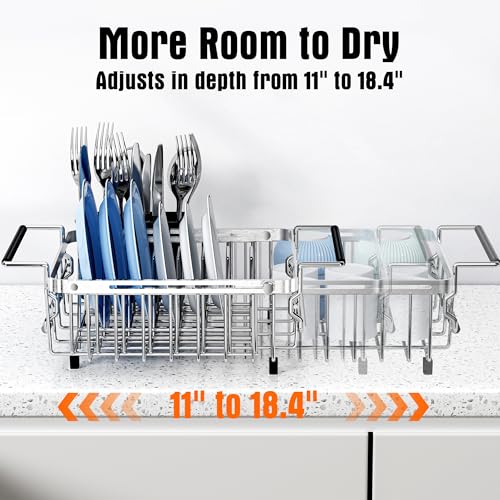 Expandable Dish Drying Rack in Sink,Stainless Steel Over The Sink Dish Drainer Drying Rack for Kitchen Counter,with Utensil Holder,Silver