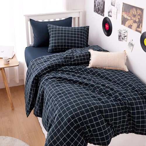 Wake In Cloud - Grid Cotton Duvet Cover Set, Plaid Checkered Geometric Farmhouse, 100% Washed Cotton Textured Bedding Set, 3 Pieces, Navy Blue, Twin/Twin XL Size - size: Twin/Twin XL