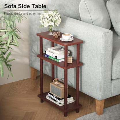 Apicizon Small Narrow Side Table, 3-Tier Skinny End Table, Dark Brown | Sofa Side Table, Slim End Table, Wood Storage Shelf, Slim Nightstand Bedside Table for Narrow Spaces, Living Room, Bedroom - color: Dark Brown, style: Narrow Side Table
