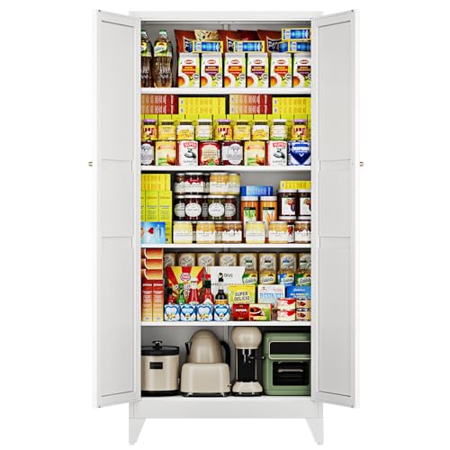 75" H Metal Storage Cabinet with 2 Doors and 4 Shelves,Tall Kitchen Pantry Cabinets,Farmhouse Utility Pantry Organizers for Cupboard/Dining/Bathroom/Home Office/Garage Room,White - color: White, size: 16” D x 32” W x 75” H-B