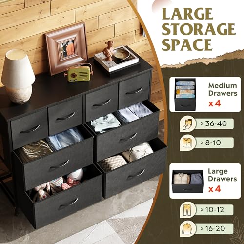 WLIVE Wide Dresser for Bedroom, 8 Drawer Chest of Drawers, Black | 8 roomy fabric drawers, Wide storage design, Bedroom or closet use, Sturdy steel frame, Smooth wood tabletop - color: Black, style: 8 Drawers
