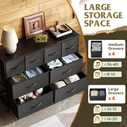 WLIVE Wide Dresser for Bedroom, 8 Drawer Chest of Drawers, Black | 8 roomy fabric drawers, Wide storage design, Bedroom or closet use, Sturdy steel frame, Smooth wood tabletop - color: Black, style: 8 Drawers