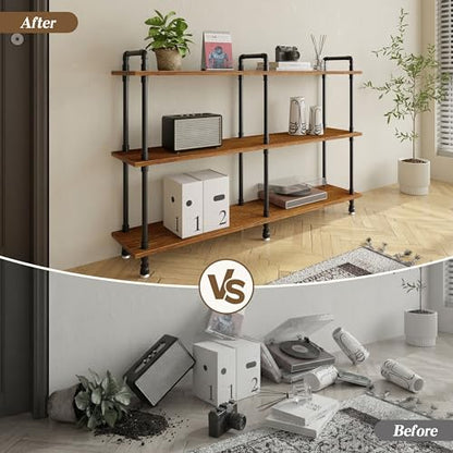 Industrial Bookshelf, Pipe Shelf Bookcase, 3 Tier, 60" Rustic Brown | Solid pine shelves, 60 inch wide, black pipe frame, 70 lbs per shelf, open bookcase for books, plants, office - color: Rustic Brown, size: 60"L × 39"H