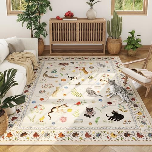 Rugcomf Living Room Rug 6x9 Rug Machine Washable Boho Area Rug Non Slip Floral Animal Cat Vintage Low Pile Large Rug for Living Room Bedroom Farmhouse Dining Room Kids Playroom, Beige - color: Beige/Cat, size: 6' x 9' (Rectangular)