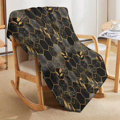 Marble Throw Blanket Black Honeycomb Grid Golden Leaves Pattern Soft Lightweight Warm Plush Blankets for Sofa Bedroom 50"x60" - color: Marble-10, size: 50"x60"