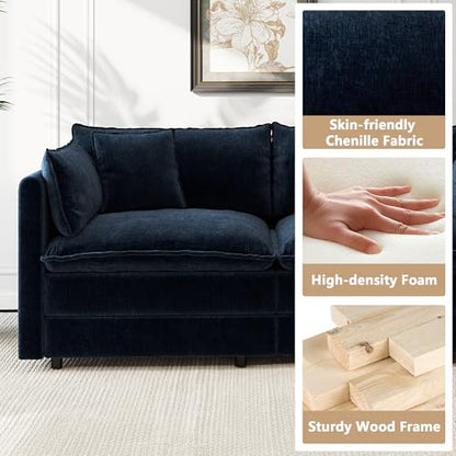 Aoowow Modular Sectional Sofa Modern Convertible Loveseat Couch,77.16 Inch Deep 2-Seater Sofas Comfy Chenille Cloud Sofas and Couches Set with Movable Ottoman for Living Room Apartment（Blue） - color: Blue, size: 2 Seat + Ottoman