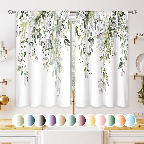 Eucalyptus Botanical Leaves Floral Kitchen Window Curtains Over Sink Boho Farmhouse Flower Leaf Small Window Treatment Sage Green Cafe Short Curtains for Bathroom Tier Drapes 27.5x39 inch - color: 01 Sage Green, size: 27.5"W x 39"L (Pack of 2)