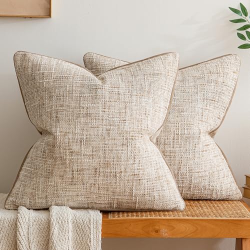 a moment Khaki Reversible Pillow Covers 2 Pack - Farmhouse Chenille Velvet Throw Pillows, Neutral Textured Decorative Throw Pillow Covers with Border for Couch Sofa Bed (16x16 Inch, No Insert) - color: Khaki, size: 16" x 16" (Pack of 2)
