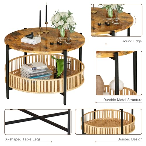 AWQM 3 Pieces Coffee Table Set for Living Room, 2 Tier Round Rattan Coffee End Side Table, Boho Living Room Table Set with Metal Frame for Bedroom Office - size: Set of 3