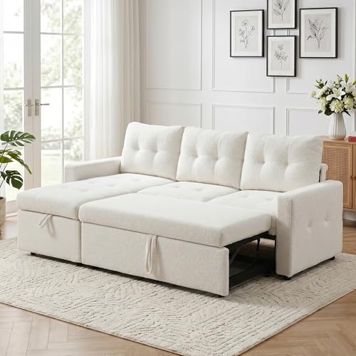 HIPIHOM Pull Out Sleeper Sofa Bed with Storage Chaise, 80.7" L-Shaped Teddy Sectional Couch, Convertible 3-Seater for Living Room, Apartment & Guest Room, Easy Assembly, White - color: White