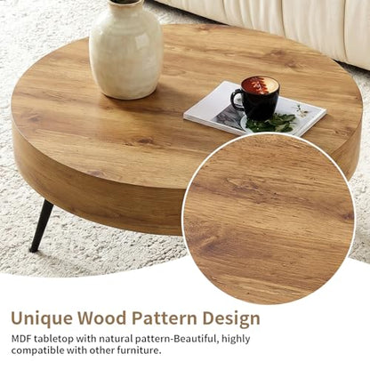 Round Coffee Table, Mid Century Small Coffee Table with Metal Legs, Wood Coffee Table Accent Center Table for Living Room Apartment Small Space (31.5''D-Brown) - color: Brown