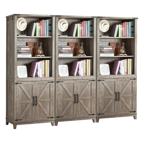 Joaxswe 5 Tier Bookshelf 70in Tall Bookcase with Barn Doors and Storage Cabinet, Grey Farmhouse Book Shelf with Adjustable Shelves, Wood Freestanding Display Bookshelves for Bedroom, Kitchen (3 PCS) - color: Grey, size: 3 Piece